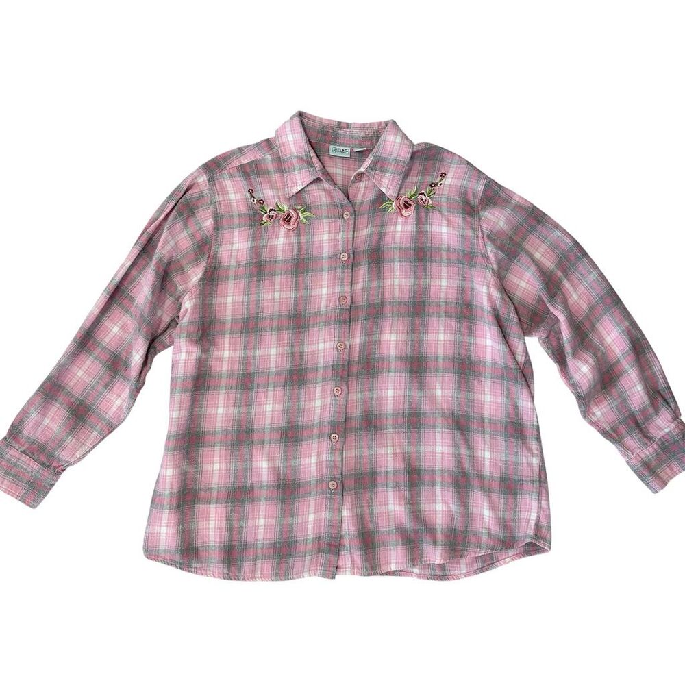 Haband! Vintage Women's Pink Plaid Flannel‎ Shirt Floral Embroidery XX